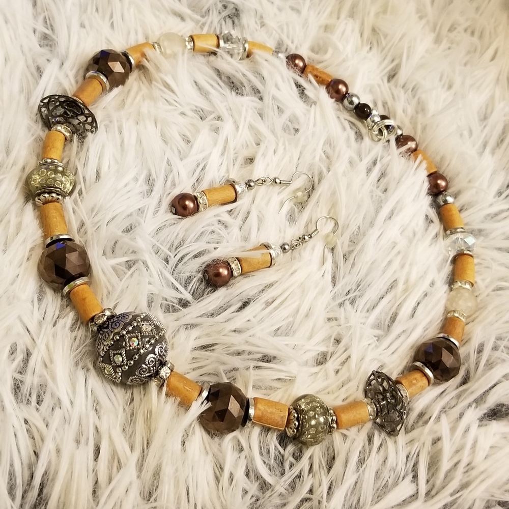 Wood Bronze Silver Choker and Earrings set